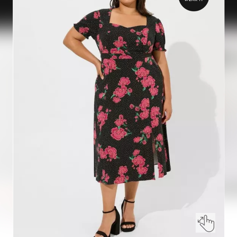 torrid Black Midi Dress with Pink Rose Print